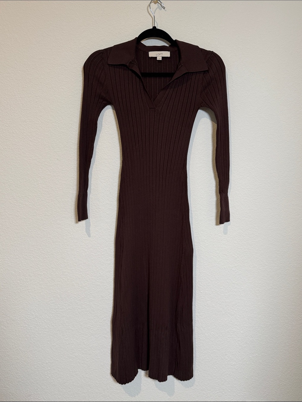 LOFT Brown Ribbed Collared Long Sleeve Knit Midi Dress